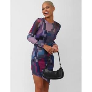 Women Mesh Long Sleeve Bodycon Dress Purple Abstract Y2K Asymmetrical